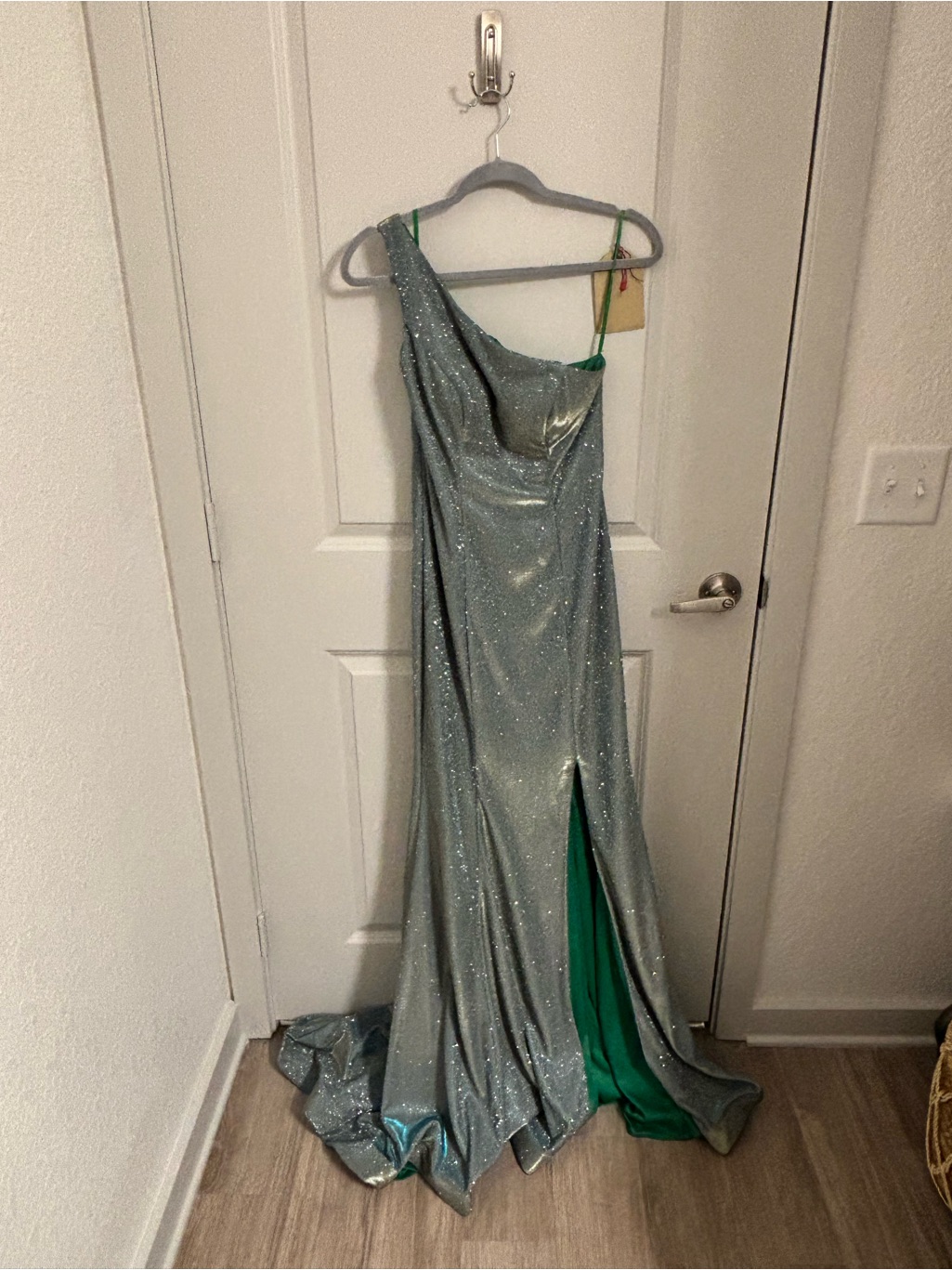 Sparkling Silver-Green One-Shoulder Evening Gown